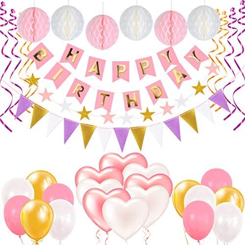 Birthday Decorations for Girls Women,Aufisi Happy Birthday Banner with 8Pc Heart Balloons 12Pc Pearl Balloons,Triangle Flag Star Banners,6Pc Tissue Paper Balls,Hanging Swirl,Party Decorations for Kids