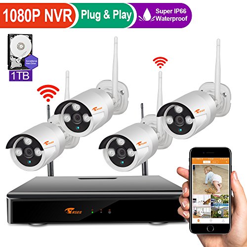 [4CH 1080P DVR] CORSEE HD Wireless Security Camera System with 4 x 720P Waterproof Indoor Outdoor Wireless Cameras,Auto-Pair,1TB HDD (Motion Detection,Email Alarm)