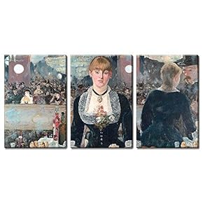 3 Panel World Famous Painting Reproduction on Canvas Wall Art - A Bar at The Folies-Berg猫re by Edouard Manet - Modern Home Art Ready to Hang - 16"x24" x 3 Panels