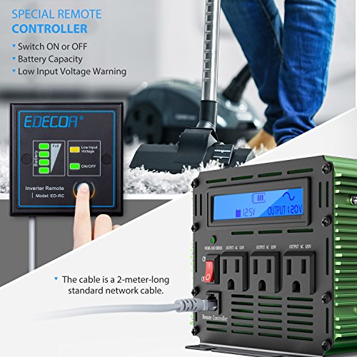 EDECOA 1500W Peak 3000W Pure Sine Wave Power Inverter DC 12V to 110V AC with LCD Display and Remote Controller