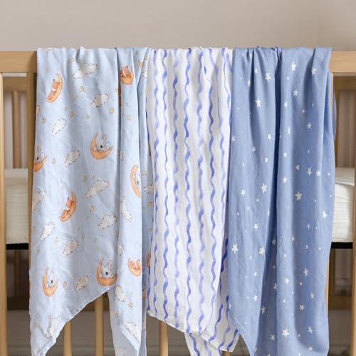 hahaland 100% Natural Bamboo Muslin Baby Blanket Set with 1 Piece 120 x 120 cm and 2 Pieces 100 x 95 cm – Soft and Absorbent Swaddle for Babies