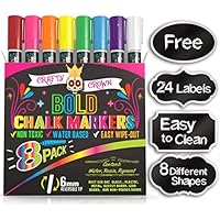 Liquid Chalk Markers for Blackboards - Bold Color Dry Erase Marker - Chalk Markers for Chalkboard Signs, Windows, Blackboard, Glass - 6mm Reversible Tip (8 Pack) - 24 Chalkboard Labels Included