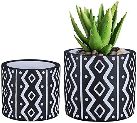 EPGardening Modern Geometric Cement Round Succulent Planters Cactus Herb Planter Garden Pots Container Bonsai Planters Set of 2 - Black
