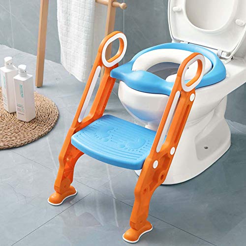 Potty Training Toilet Seat with Step Stool Ladder for Boy and Girl Baby Toddler Kid Children Toilet Training Seat Chair with Padded Seat Non-Slip Wide Step (Blue Orange Upgrade) - Thumbnail 6