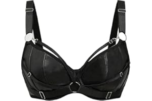 OYOANGLE Women's PU Leather Underwire Bras Ring Linked Gothic Punk Bralette Party Clubwear