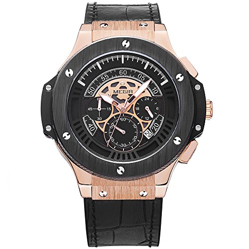 Megir Mens 24-hour Chronograph Luminous Military Sport Leather Quartz Wrist Watches Rose Gold