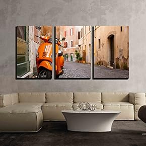 3 Piece Canvas Wall Art - Old City Street with Motorbike in Rome, Italy. on Sunny Autumn or Spring Day. - Modern Home Art Stretched and Framed Ready to Hang - 16"x24"x3 Panels