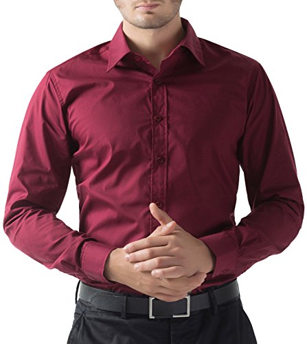 Paul JonesMen's Shirt Casual Slim Fit Dress Shirt For Men Wine Red (L) KL-4 CL1044