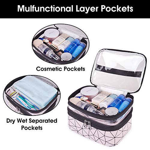 WANDF Double Layer Makeup Bag Large Cosmetic bag Clear Travel Cosmetic Case Toiletry Bag Water-resistant for Women Girl Camping College (Pink) 2 WANDF Double Layer Makeup Bag Large Cosmetic bag Clear Travel Cosmetic Case Toiletry Bag Water-resistant for Women Girl Camping College (Pink)