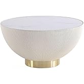 Manhattan Comfort Anderson Modern Low-Profile Round Coffee Table – Ceramic Marble Tabletop, Pleated Leatherette Detail, Gold 