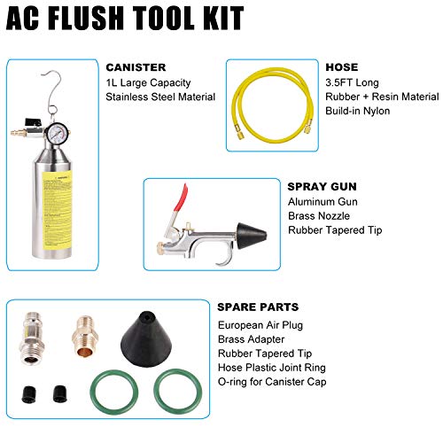 JIFETOR AC Flush Kit, Car Air Conditioner System Clean Canister Flushing Gun Tool Set, for Auto