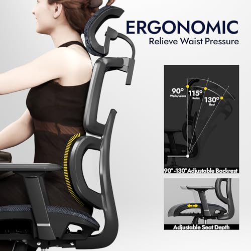 TONFARY Professional Ergonomic Office Chair - Breathable Mesh Backrest, 130° Tilt, 3D Armrests and Adjustable Seat - Swivel Wheels, 150kg