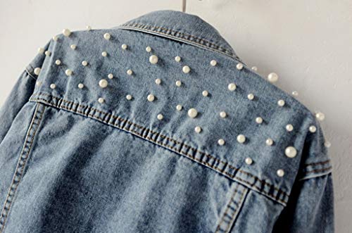 HJuyYuah Women's Blue Long Sleeve Denim Jacket Pocket Beading Casual Short Outwear Coat - Thumbnail 4
