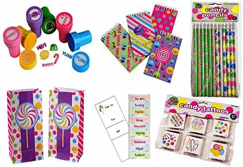 204 Piece Candy Design Birthday Party Favor Bundle: 144 Assorted Tattoos, 12 Stampers, 12 Pencils, 12 Mini-Notepads and more. Serves 12.