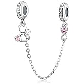 925 Sterling Silver Safety Chain Charm Bead Love Heart Flower Snowflake Bow Clear CZ Crystal Stopper Lock Clip Beads Women DiyJewelry Fits Bracelet Charms (Lovely Cat Charms)