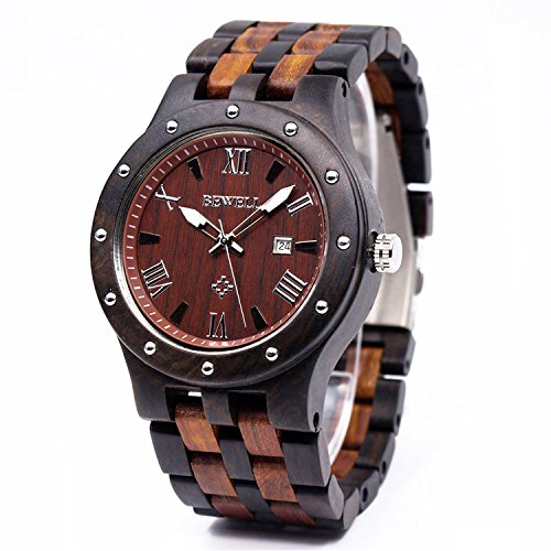 Bewell W109A Mens Wood Watches Two Tone Quartz Luminous Wristwatch with Date Display (Great Christmas Gift)