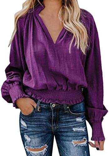Women Blouse Top Sunday77 V-Neck Solid Linen Short Puff Sleeve Ruched Loose Long Sleeve Casual Shirt Pullover Purple