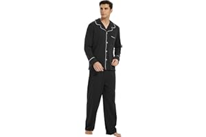 U2SKIIN Mens Cotton Pajama Set, Soft Long Sleeve Pajamas for men Lightweight Button Up Sleepwear Lounge Pjs Set with Pockets