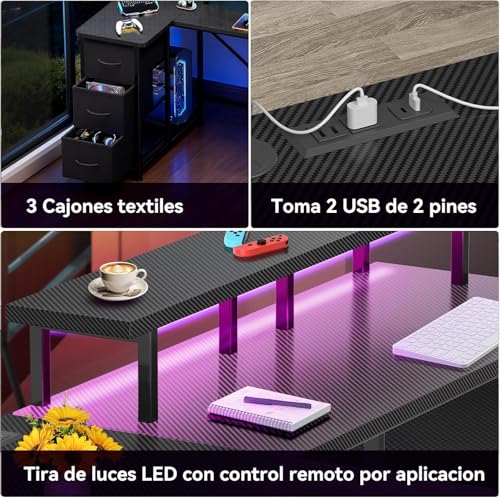 FURRIFIC Tipo de L Escritorio Gamer, Escritorio Minimalista con Cajón de Tela, Regleta, Regleta de luz y Soporte para Monitor