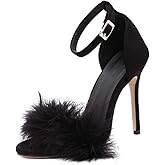 YIBLBOX Women's Feather Heels Open Toe Sandal Fluffy Fur High Heel Shoes Ankle Strap Stiletto Pump for Wedding Party Dance Evening