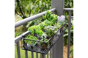 Mairuker Railing Flower Pot Shelf, 23.5 Inches Length Iron Hanging Flower Basket Holder with Hooks, Planter Stand Rack for Outdoor Garden Balcony Fence Patio- Black ﻿