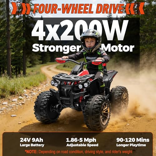 JOYRACER 24V 2 Seater Kids ATV 4 Wheeler, 4x4 Ride on Toys w/800W Engines, 9AH Battery Powered Electric Vehicle w/LED Light, MP3, USB, Spring Suspension, Kids Quad for Girls, Red