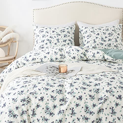 HoneiLife Cotton Duvet Cover Queen - 3pcs Floral Comforter Cover, Soft & Breathable Flower Bedding Duvet Cover Sets with Zipper Closure & Corner Ties, Wildflower Comforter Cover Sets, Purple Berry