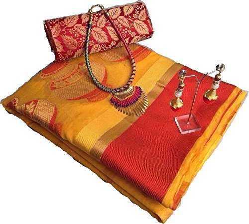 myspace women's cotton silk saree with blouse piece, pendant and necklace (65053, yellow)