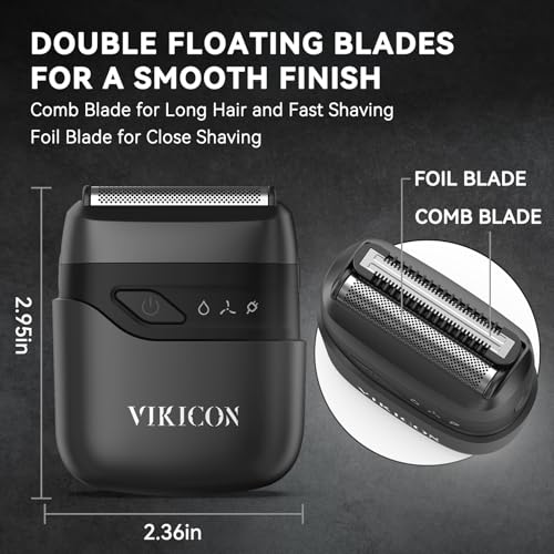 VIKICON® Foil Shavers for Men: 2 IN 1 Portable Electric Razor for Face &Beard Close Shaving w/Dual Floating Blade - Mini Razor for Travel & Home Use - IPX7 Waterproof USB-C Fast Rechargeable - Black