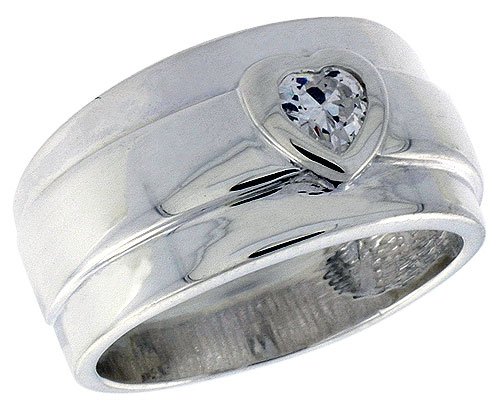 Sterling Silver Wide Band Ring w/ Heart CZ (Available in Sizes 6 to 10) size 7