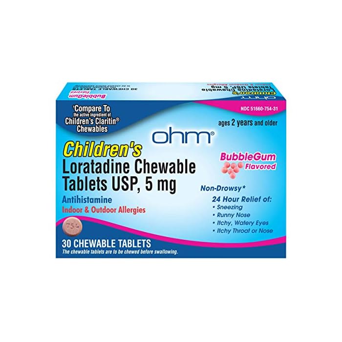 OHM Children’s Chewable Tablets, Bubblegum Flavor, Non-Drowsy 24h Relief of Sneezing, Runny Nose, Itchy Watery Eyes…