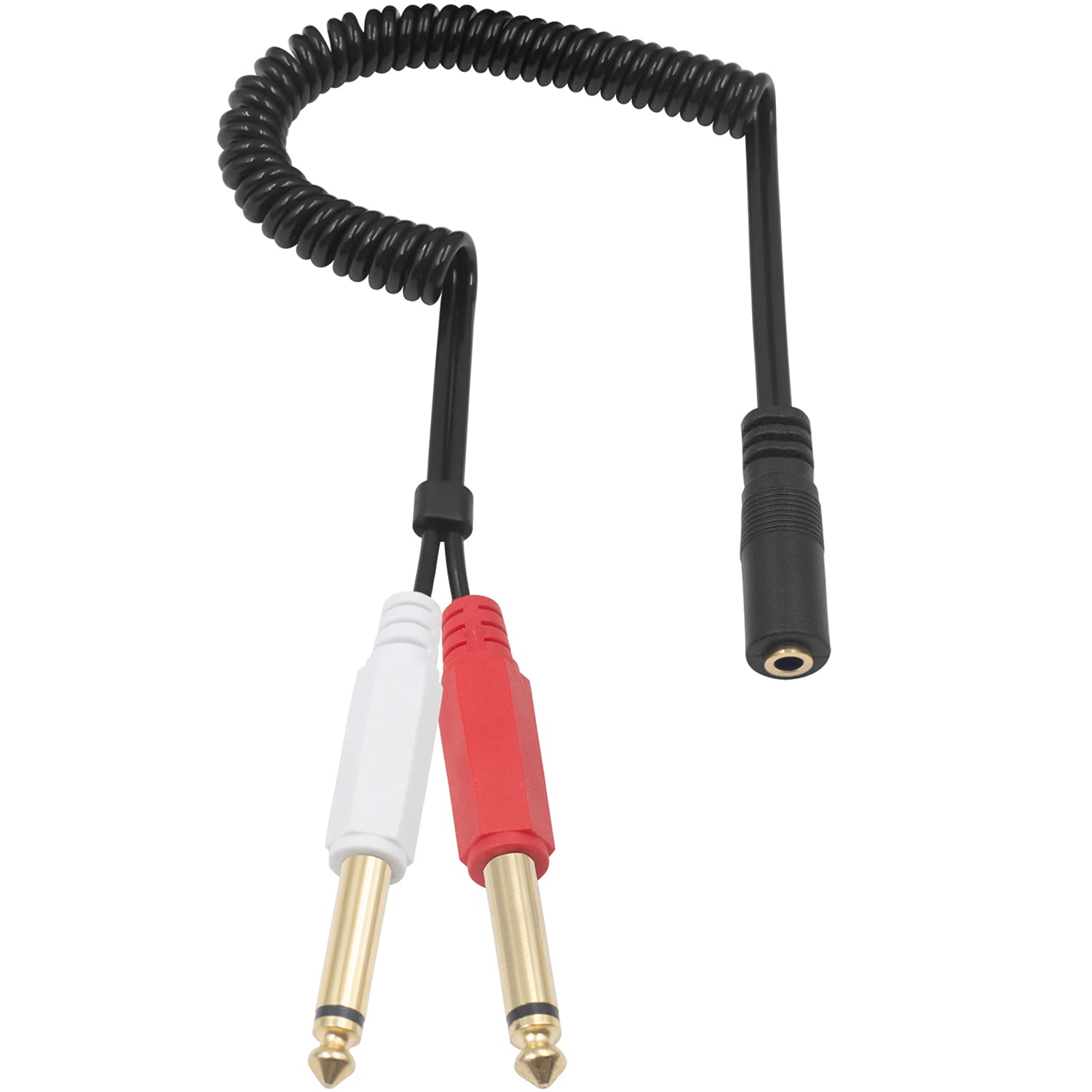 Maxhood 3.5mm to 6.35mm Audio Jack Splitter Cable, 3.5mm to Dual 1/4 Y Splitter Cable, 3.5mm 1/8" TRS Stereo Female to Dual 1/4" 6.35mm Mono TS Male Y Splitter Spring Coiled Cable, 80cm