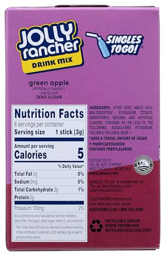JOLLY RANCHER SINGLES-TO-GO SUGAR FREE GREEN APPLE DRINK MIX, 6-CT (PACK OF 6)