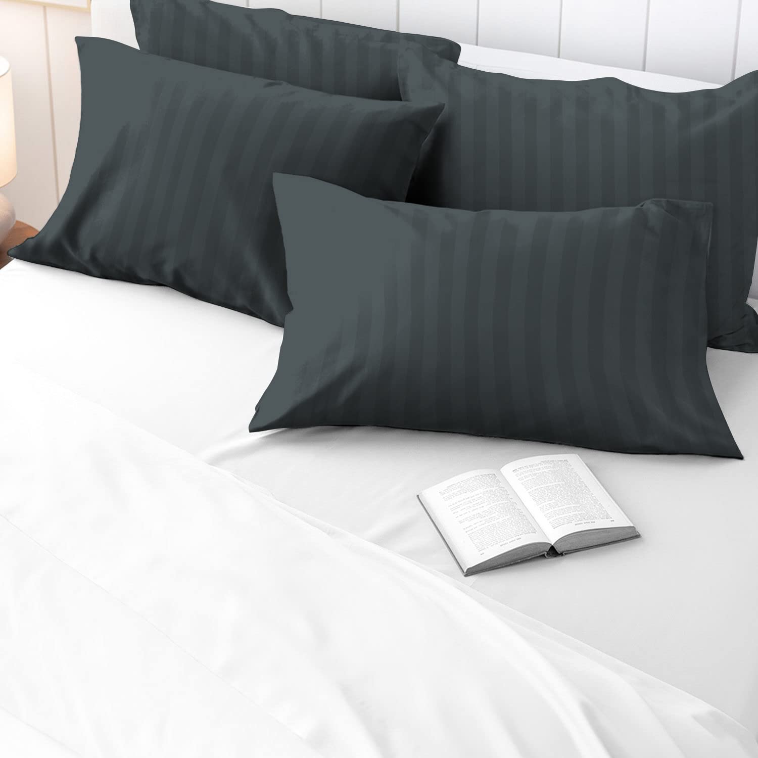 Pizuna 100% Cotton Satin Stripe Anthracite Grey Housewife Pillowcases 2 Pack, 300 Thread Count Damask Bedding Long Staple Combed Cotton Sateen Pillow Case 48x74 (Gray Pillow Cases 2 Pack) - — image 1