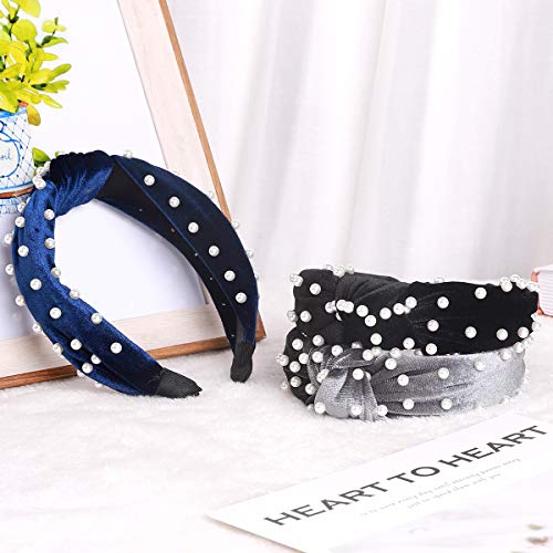 Meartchy Headbands for Women Pearl, Headbands Women Hair, Twisted Faux Pearl Velvet Turban Headbands Knotted Headbands for Women Hair Hoops with Cloth Wrapped Hair Accessories for Women and Girls