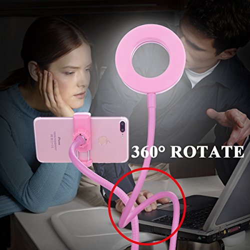 B-Land Cell Phone Holder with Selfie Ring Light for Live Stream, Flexible Mobile Phone Clip Holder Lazy Bracket Desk Lamp LED Light for Bedroom, Office, Kitchen, Bathroom (Pink)