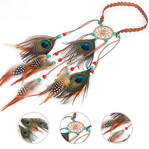 Indian Hippie Boho Peacock Headband Feather Earrings Dreamcatcher Headdress & Bohemian Earrings Fascianator for Women Girls Bridal Festival Masquerades Vocation Theme Party