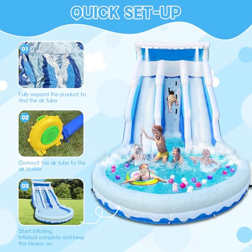 Cessbong Inflatable Water Slide for Kids and Adults with Better Drainage and Durability - Fun Outdoor Play with Easy Setup, Kids Summer Splash Fun (Dual Slide Blue Waves)