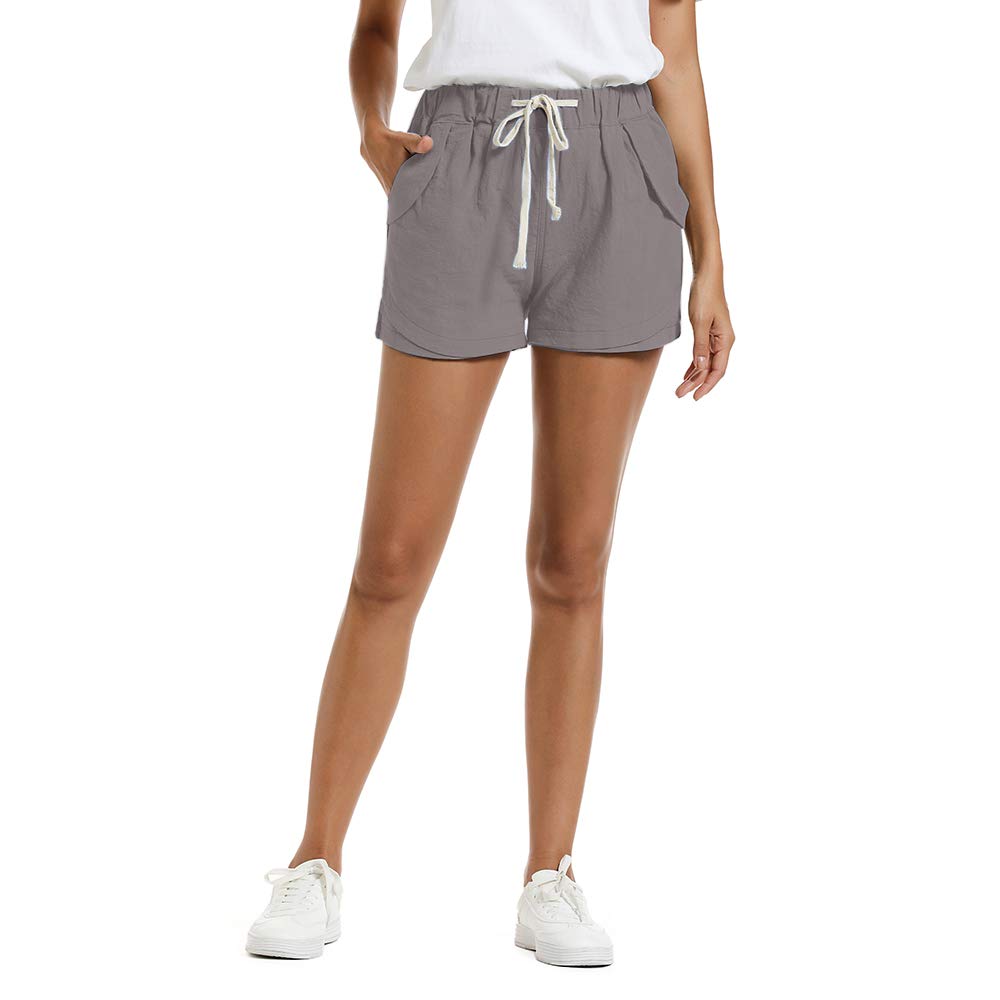 NEWFANGLE Women\'s Cotton Linen Causal Shorts Comfy Beach Short Drawstring Elastic Waist Shorts,Gray,L