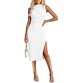 ihot Women's Mock Neck Ruched Bodycon Dress Sleeveless Side Slit Cocktail Party Midi Dresses