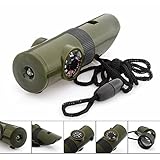 7 in 1 Emergency Survival Whistle Multi function Tool, Magnifier, Flashlight, Storage Container, Compass, Thermometer, Signaling Mirror, Great for Camping, Hiking, Hunting, Fishing, Outdoor Activities, Travel, Emergency and Survival kits, Color Army Green