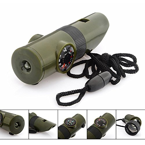 7 in 1 Emergency Survival Whistle Multi function Tool, Magnifier, Flashlight, Storage Container, Compass, Thermometer, Signaling Mirror,  Great for Camping, Hiking, Hunting, Fishing, Outdoor Activities, Travel, Emergency and Survival kits, Color Army Green