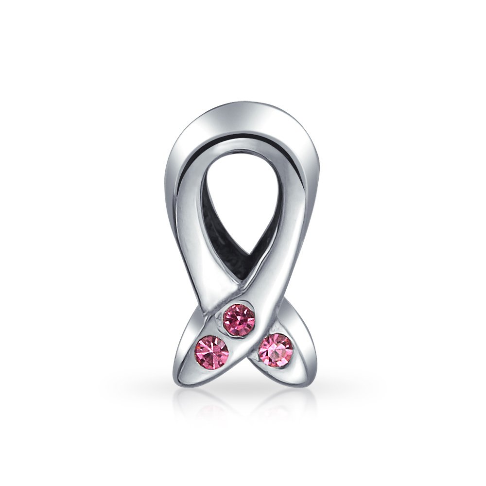 Bling Jewelry Empowering Pink Ribbon Breast Cancer Survivor 3 CZ Charm Bead - Genuine .925 Sterling Silver - Fits European Bracelet - Thoughtful Gift for Women