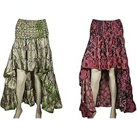 Mogul Interior 2pc Women Hi Low Skirt Vintage Upcycled Sari Flared Tiered Gypsy Ruffled Skirts S/M