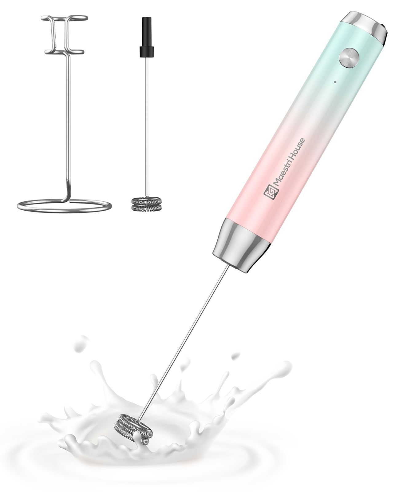 Maestri House Rechargeable Milk Frother with Stand, Handheld Electric Foam Maker Waterproof Detachable Stainless Steel Whisk Drink Mixer Foamer for Lattes, LunaFro (Blue and Pink)