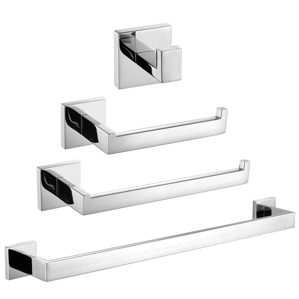 TURS 4-Piece Bath Hardware Set Bathroom Accessories, Towel Rail, Wall-Mounted, Chrome Bathroom Accessories, Rust-Proof and Waterproof for Kitchen and Bathroom, Polished Finish