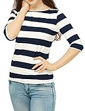 Allegra K Women Boat Neck Elbow Sleeves Slim Fit Striped Tee