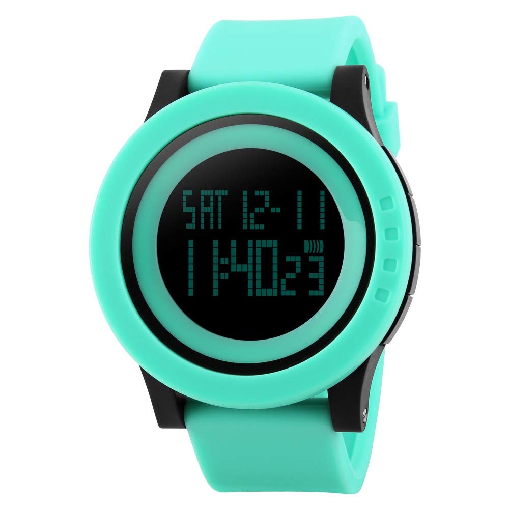 FeiWen Unisex Large Dial Digital Sports Fashion Watches LED Multifunction 5ATM Waterproof Outdoor Military Casual Plastic Watch with Rubber Strap Simple Design Green