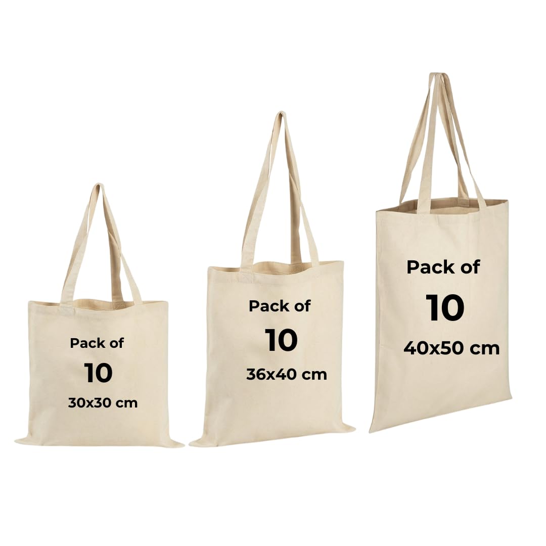IMFAA Natural Pack-10 Long Lasting Cotton Canvas Tote Reusable Shopping Bags. Natural Colour Ideal for Printing and Embroidery (10, Small(30x30+30) Cm)