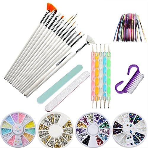 FlyItem Professional Nail Art Tools Set Glitter Rhinestones Tips Brushes Styling Dotting Pen Painting Drawing Gel Polish Decoration Stripping Tape Lines Nail File Makeup Cosmtic Tool (Set 37)